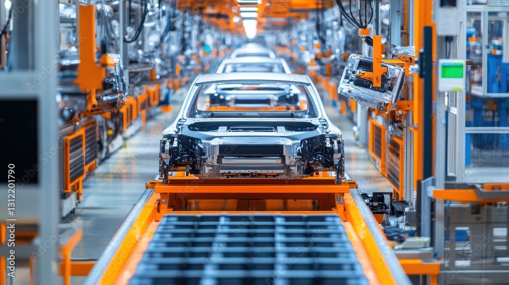 Electric vehicle production line with rows of battery cells on an assembly belt in a modern factory hall. Electric vehicle production line with rows of battery cells on an assembly belt in a modern factory hall.