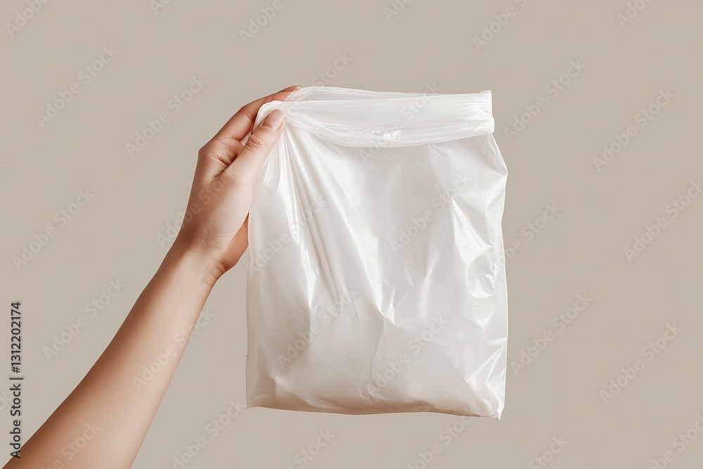 Hand Holding Empty White Plastic Bag, Mockup, Neutral Background Hand Holding Empty White Plastic Bag, Mockup, Neutral Background