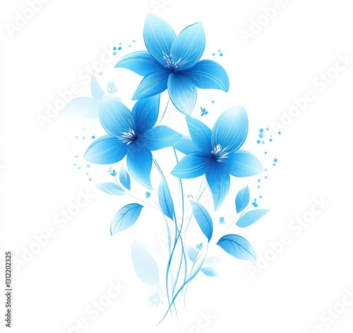 Three light blue stylized flowers with leaves on white background.