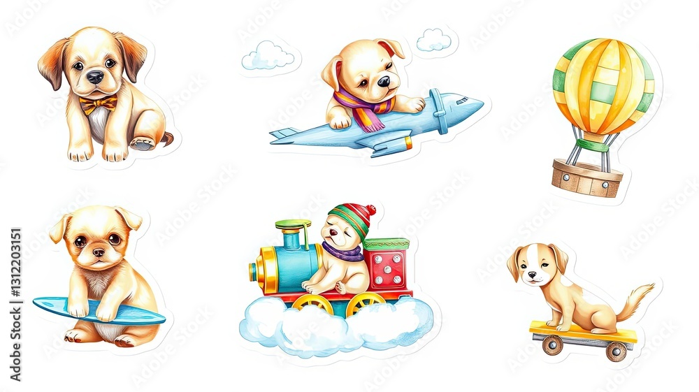 Fototapeta premium Adorable Puppies on Adventures Plane Train Hot Air Balloon Surfboard Skateboard