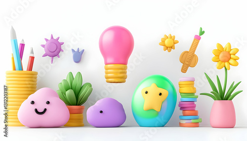 Colorful, playful illustration of various objects, including plants, a lightbulb, and stationery