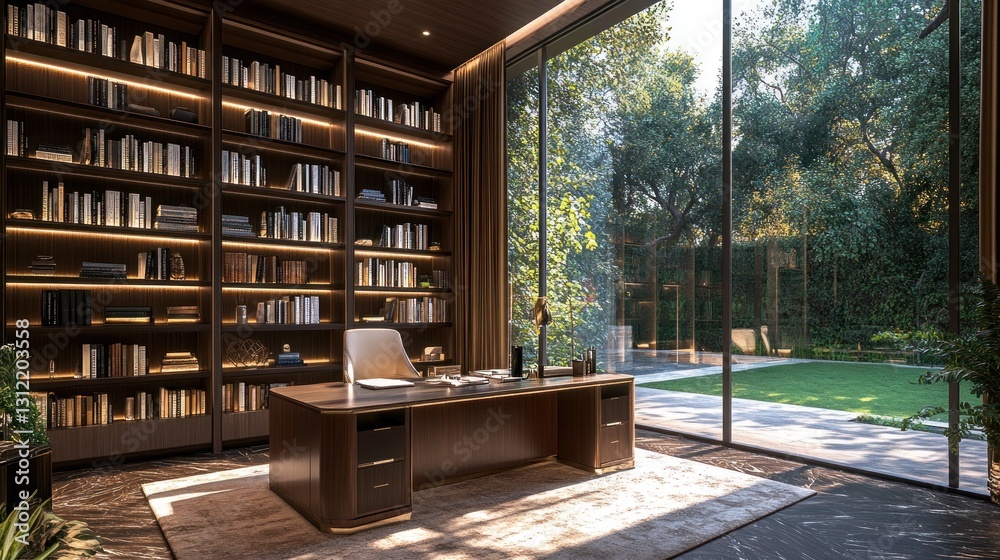 A luxurious home office with a large window and bookcases