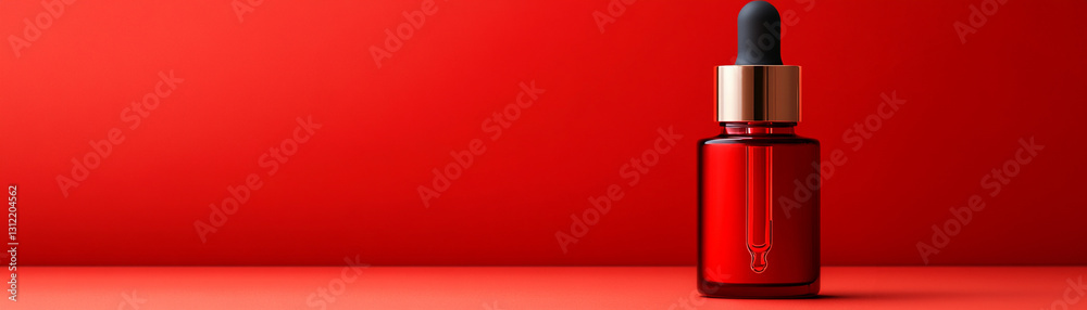 Obraz premium Stylish red bottle with dropper on a vibrant red background, perfect for branding.