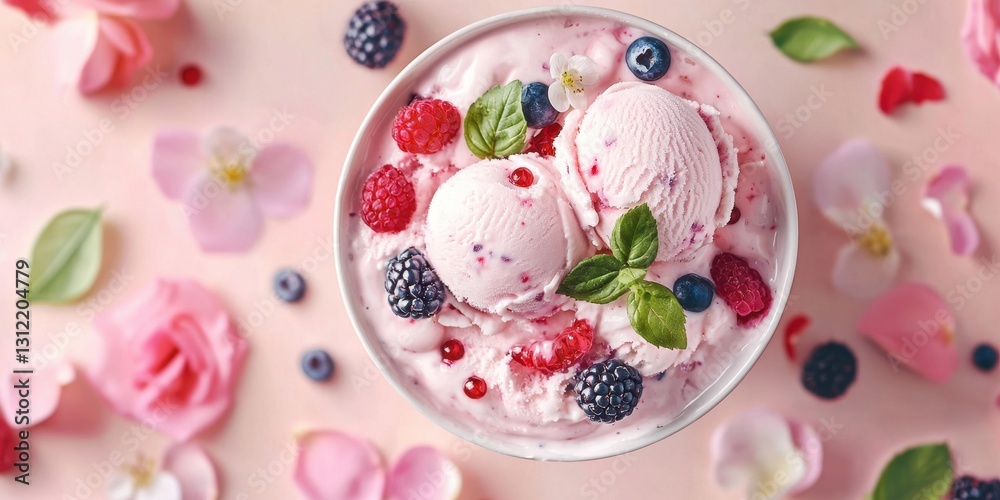 Floating vegan ice cream with coconut milk and berries on a soft pastel rose background Floating vegan ice cream with coconut milk and berries on a soft pastel rose background