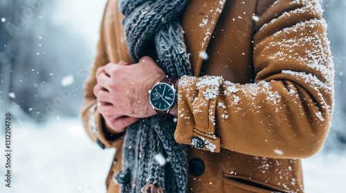 midsection of a man wearing warm winter clothing, including a thick coat and scarf, wearing a sleek smart watch, standing outdoors in a snowy landscap