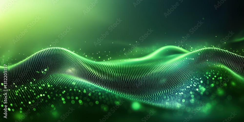 Abstract green waves with sparkling dots create a serene and futuristic digital landscape in a mesmerizing light environment Abstract green waves with sparkling dots create a serene and futuristic digital landscape in a mesmerizing light environment