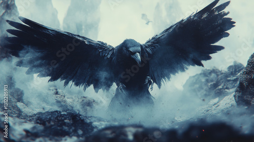 A mysterious raven with outstretched wings, its feathers appearing as if painted in bold ink strokes, gazing curiously into the distance