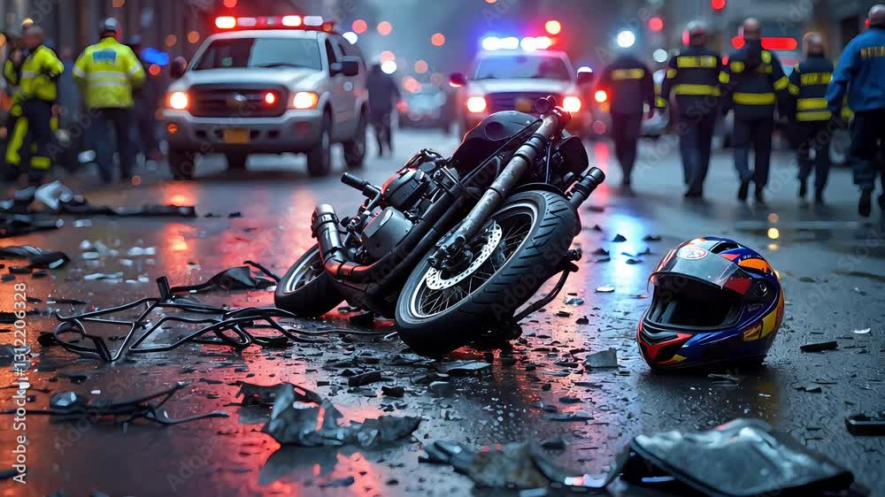 Nighttime motorcycle accident scene with debris, a fallen bike, and emergency responders with flashing lights
