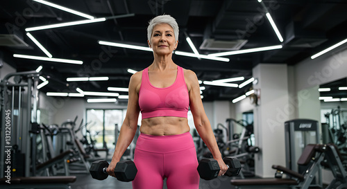 Confident Senior Woman Lifting Weights in Modern Gym A Vibrant Fitness Portrait
