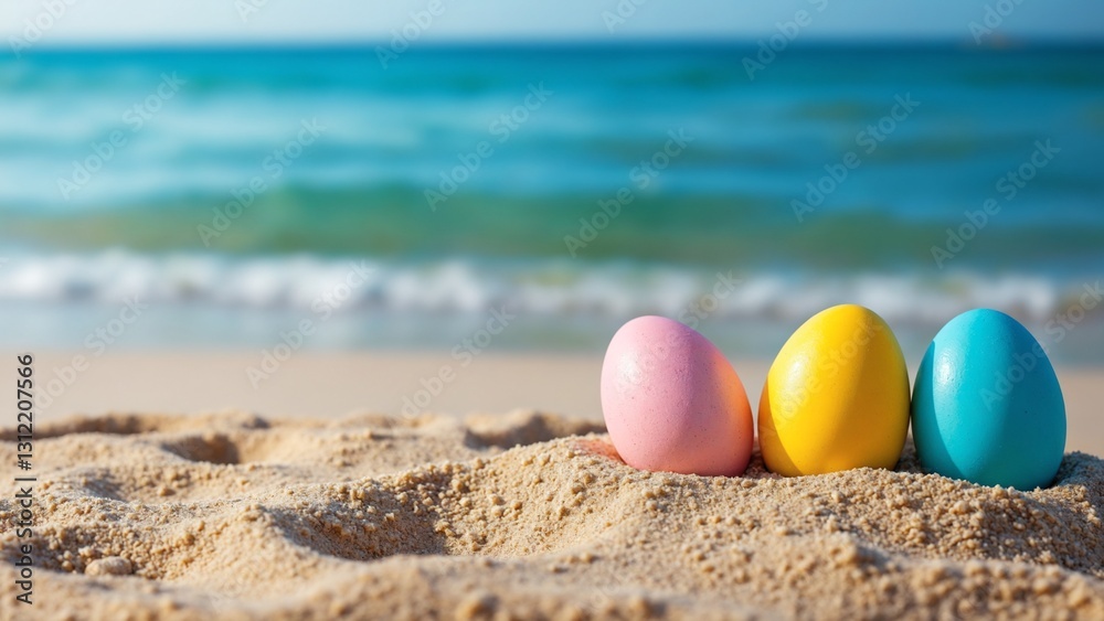 Obraz premium Easter eggs on sand beach background