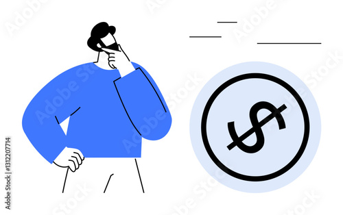 Man in blue thinking, hand on chin near crossed-out dollar sign. Ideal for finance, money doubts, budgeting, decision-making, economics, personal finance financial planning. Flat simple metaphor