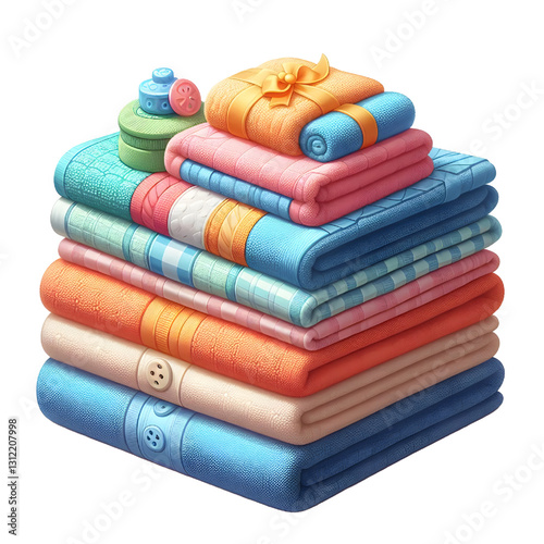 Colorful folded towels for bath room side view isolate on White background