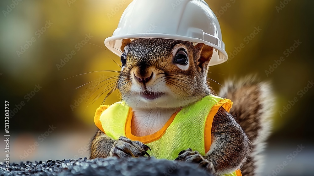 Fototapeta premium Squirrel wearing a hard hat and safety vest. The squirrel is looking at the camera with a curious expression