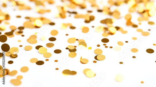 Gold confetti scattered on a white background, offering a festive and decorative element for enhancing various designs. photo