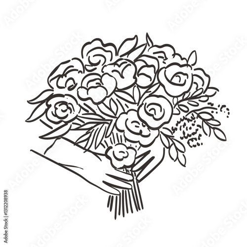 Bride hold bouquet of flowers and wear hand gloves. Wedding icon or vector illustration in ink line doodle style perfect for invitations, save the date cards templates. Retro elegant simple drawing.