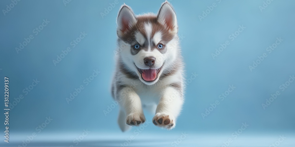 Playful Siberian Husky puppy leaps joyfully against a blue backdrop during a moment of fun Playful Siberian Husky puppy leaps joyfully against a blue backdrop during a moment of fun