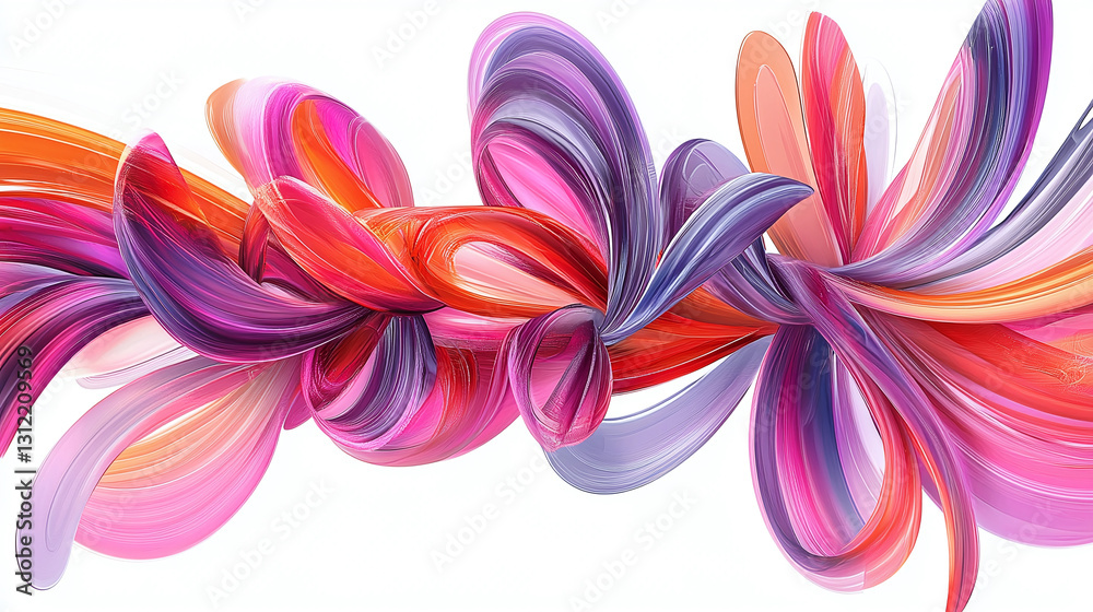 Fototapeta premium Abstract ribbons intertwine, swirling with vibrant shades of pink, purple, and orange against a stark white backdrop. A dynamic display of color and form.