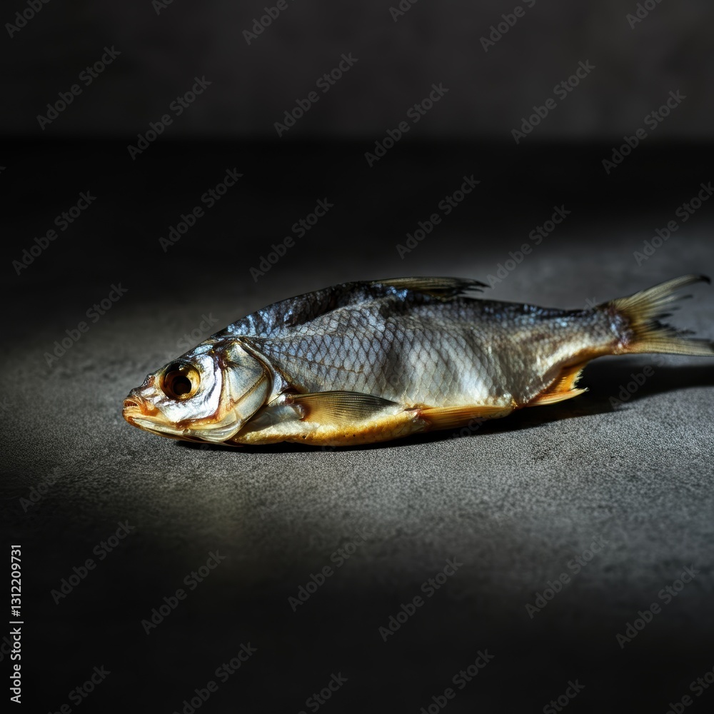 Dried fish on dark surface with dramatic lighting