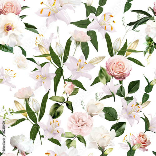 Pink ranunculus, white peony, blush pink rose, magnolia, white lily, camellia, floral buds and greenery vector seamless pattern. Floral summer watercolor print. Elements are isolated and editable