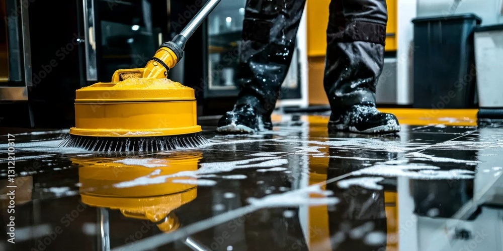Fototapeta premium Witness a man as he tackles tough grime with a powerful water cleaning tool.