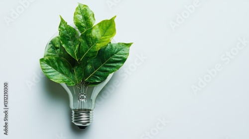 Green leaves inside a light bulb, isolated on a white background, representing an alternative energy concept. photo