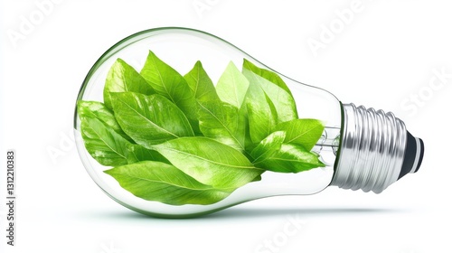 Green leaves inside a light bulb, isolated on a white background, representing an alternative energy concept. photo