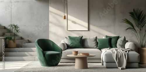 Wallpaper Mural sunlit contemporary living room with gray sectional sofa and green velvet armchair Torontodigital.ca