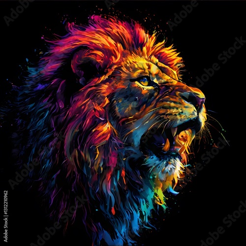 An abstract, colorful lion portrait painted in vibrant, mixed-media style with bright, energetic colors against a black background.