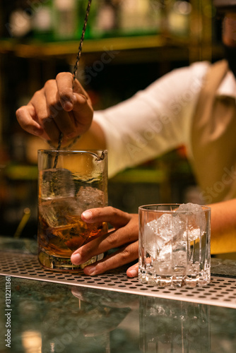 Bartender Stirring a Classic Cocktail in a Luxury Bar