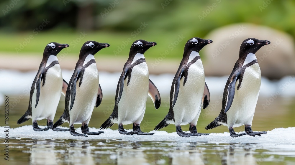 Obraz premium Five Penguins Walking on Ice by Water in Natural Habitat