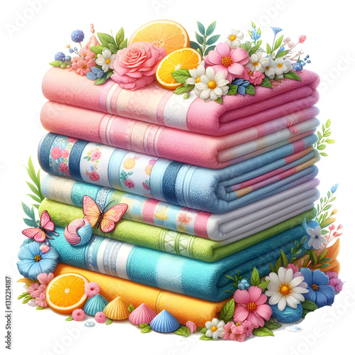 Colorful folded towels for bath room side view isolate on White background