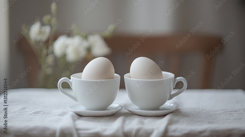 Two white eggs nestled in white cups on a linen cloth. Minimalist, serene, and elegant. Focus on natural light and texture. Two white eggs nestled in white cups on a linen cloth. Minimalist, serene, and elegant. Focus on natural light and texture.