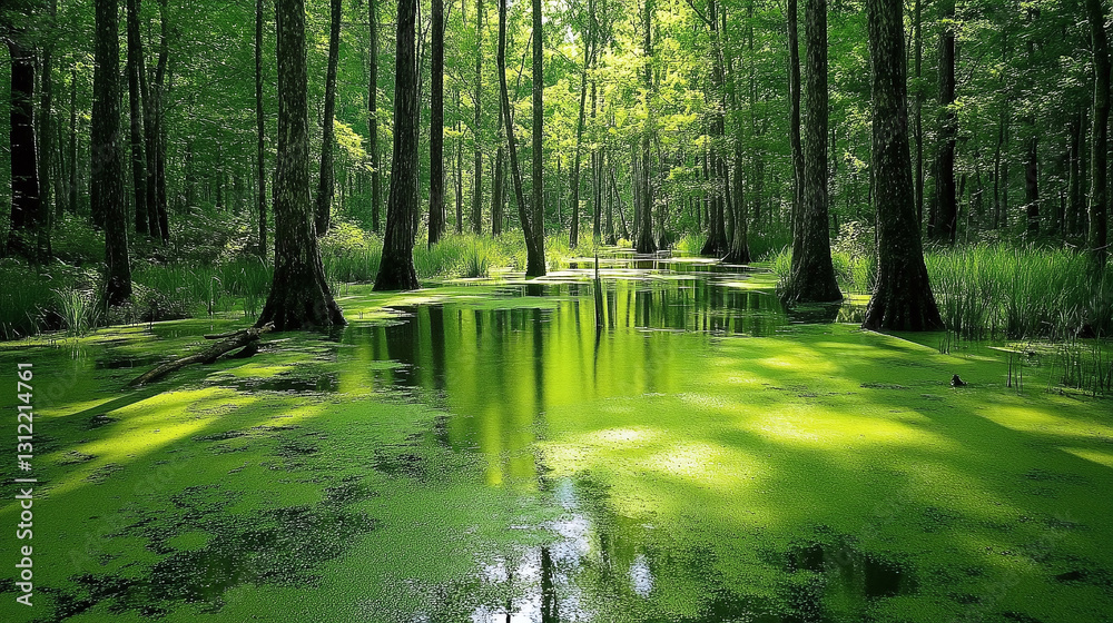 Obraz premium Lush Green Swamp Forest: A tranquil scene of trees reflecting in a vibrant green swamp, showcasing nature's serene beauty in a wild environment.
