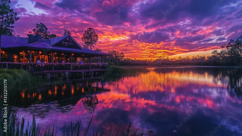 Fototapeta premium Vivid sunset over tranquil lake, reflecting sky, architecture and nature