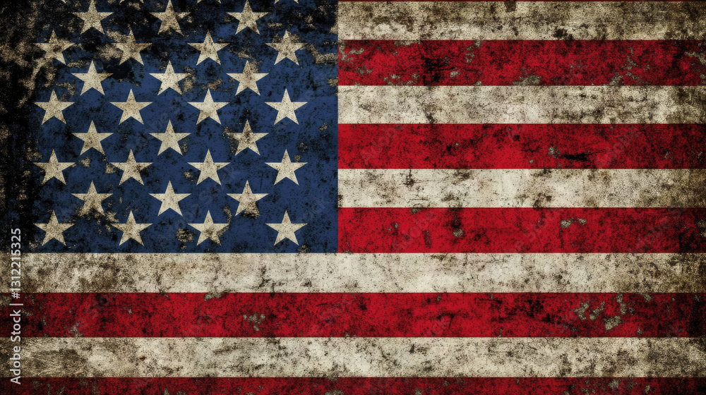 Fototapeta premium Weathered american flag with vintage texture and 50 stars on blue field