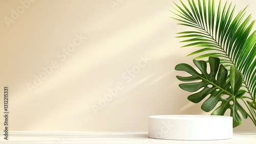 minimalistic scene featuring white podium beside lush green leaves against soft beige background, creating serene and modern atmosphere