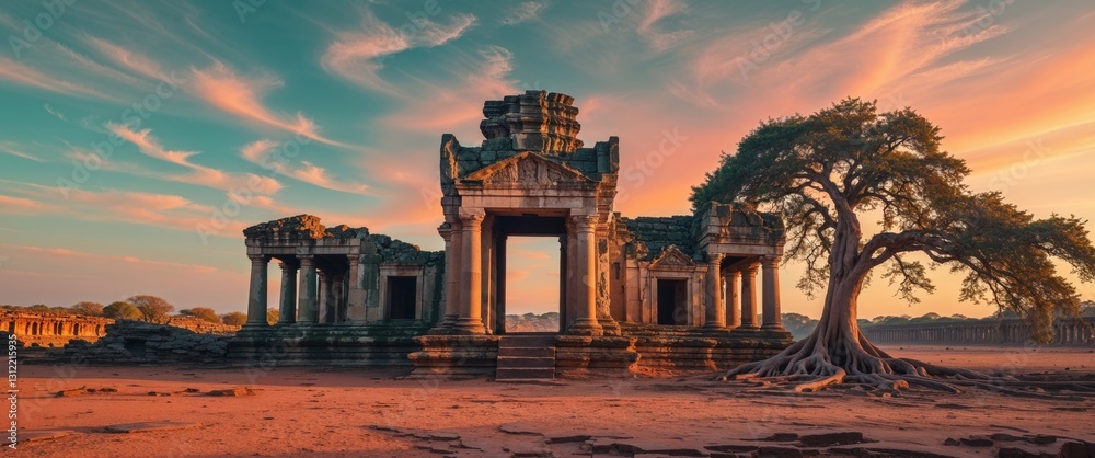 Fototapeta premium Ruins of ancient temples at sunset in a historical landscape.