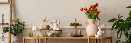 Wall Mural Warm and cozy composition of easter  living room interior with mock up poster frame, vase with tulips, hare sculpture, carrot, bowl, wooden sideboard and personal accessories