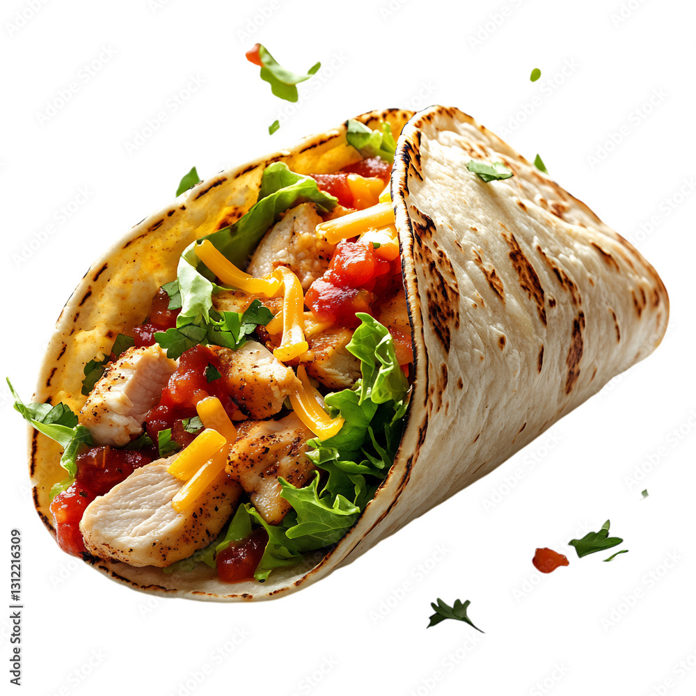 Crispy Chicken Taco with Lettuce Cheese and Salsa Isolated on Transparent Background Crispy Chicken Taco with Lettuce Cheese and Salsa Isolated on Transparent Background