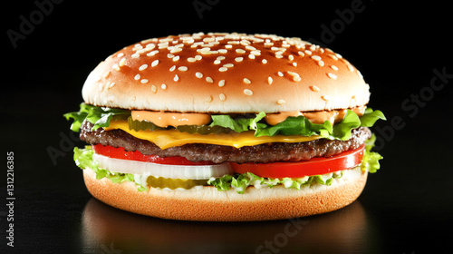 Classic cheeseburger with lettuce, tomato, onion, and pickles on a sesame seed bun photo