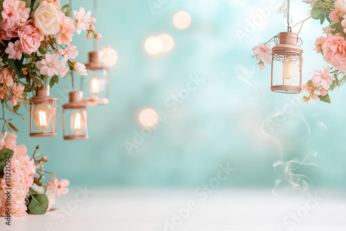 beautiful floral backdrop with hanging lanterns, featuring soft pink flowers and dreamy blue background. warm glow of lanterns adds serene ambiance to scene