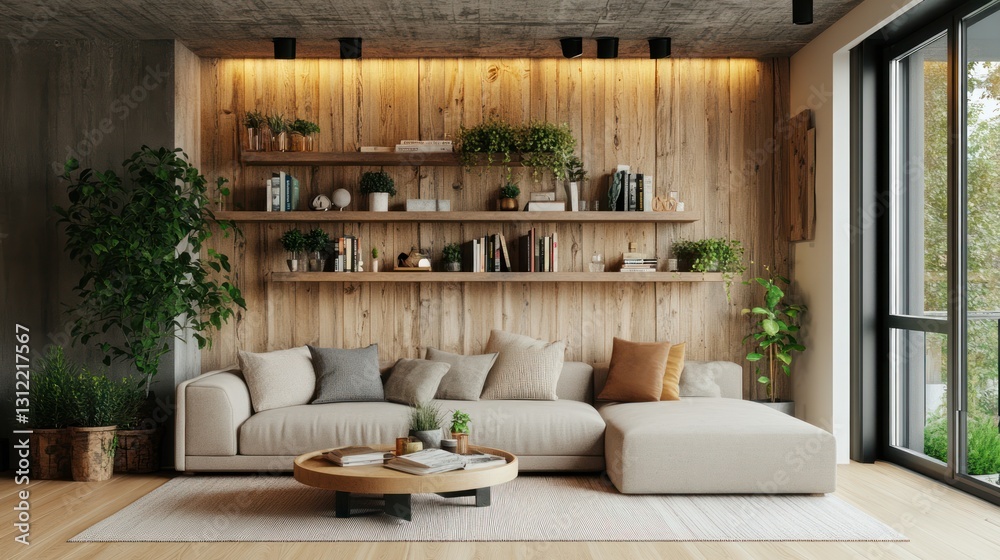 Fototapeta premium Modern living room with wooden shelves and plants