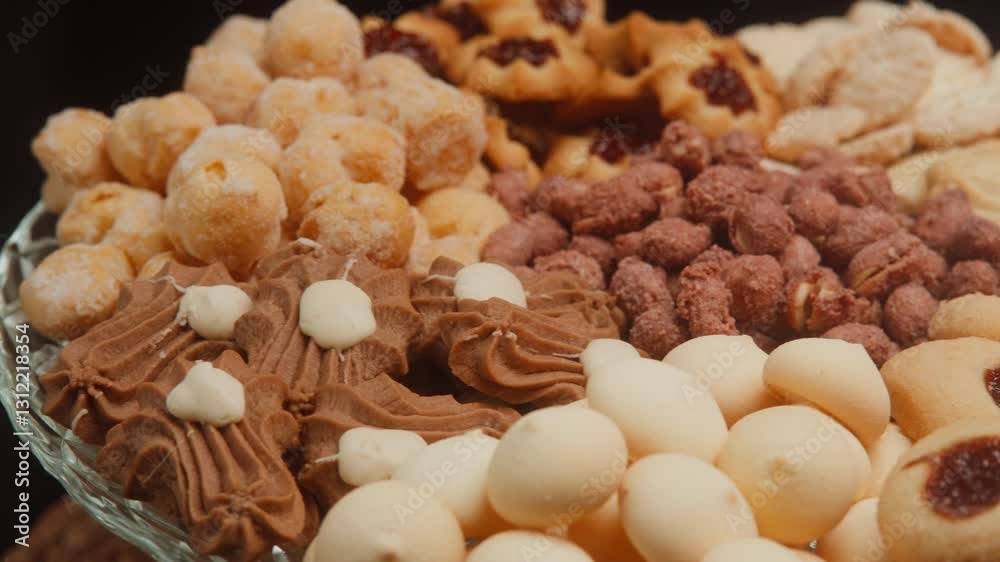 4k Close-up de bandeja de biscoitos amanteigados e petit four com movimento