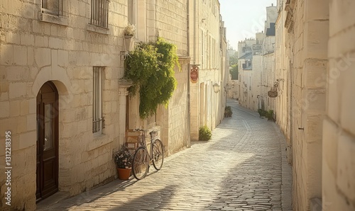 Fototapeta Naklejka Na Ścianę i Meble -  Sunlit Cobblestone Street in Historic European Town