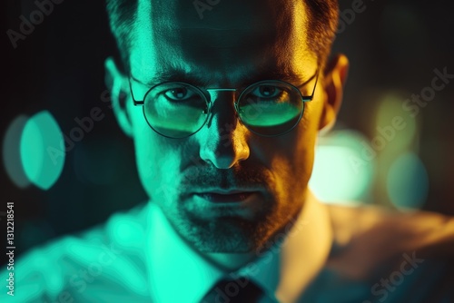 Close-up portrait of a man wearing round glasses, illuminated by vibrant teal and amber lighting.