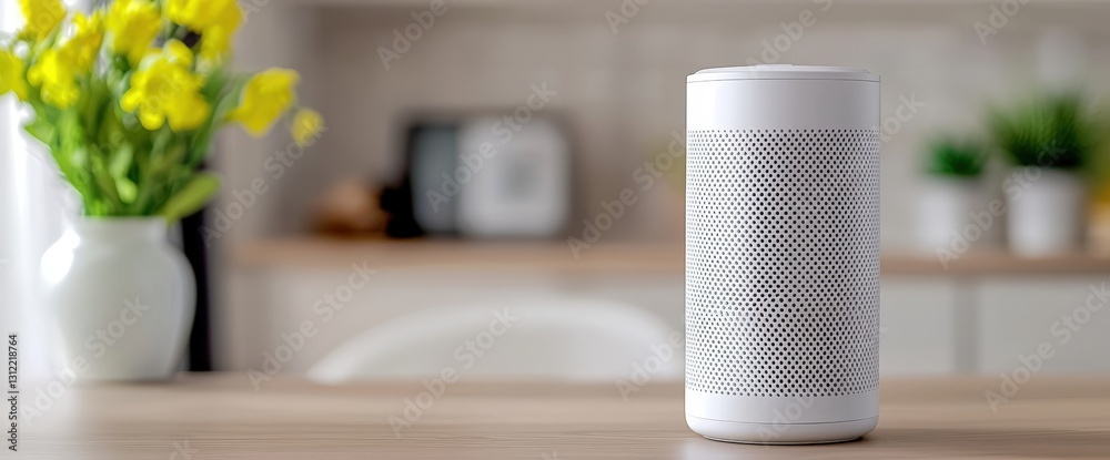 Naklejka premium Modern white smart speaker positioned on a table emphasizing indoor air quality monitors and smart home technology