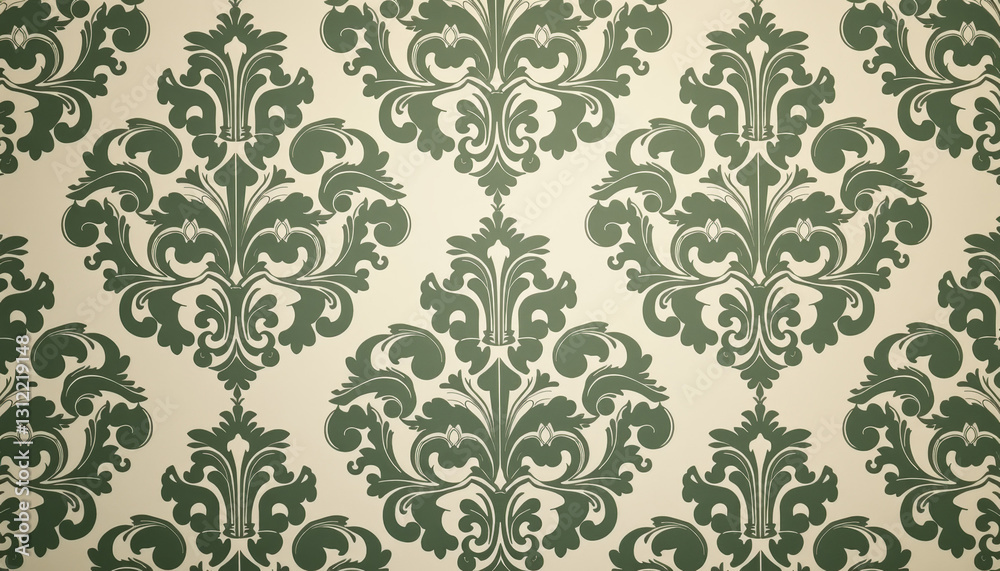 Classic damask design in soft green and beige with a luxurious and vintage feel Classic damask design in soft green and beige with a luxurious and vintage feel