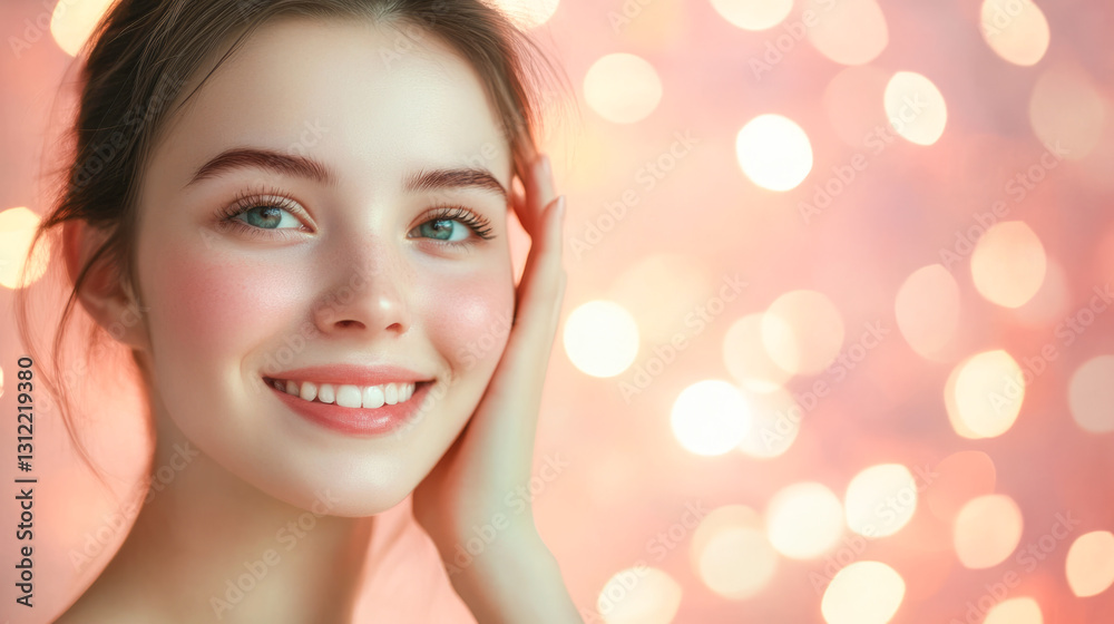 Naklejka premium Young caucasian female smiling with radiant skin and pink bokeh background