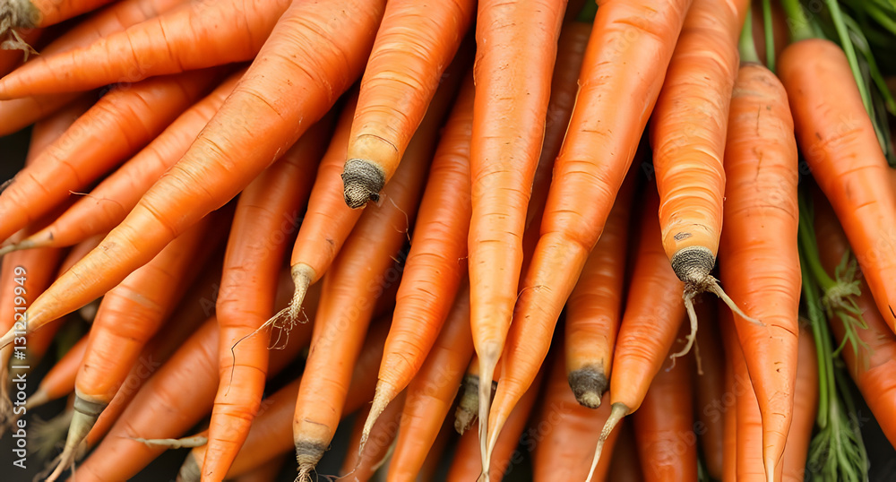 A bunch of freshly harvested carrots with vibrant orange color. Earthy and crunchy composition A bunch of freshly harvested carrots with vibrant orange color. Earthy and crunchy composition
