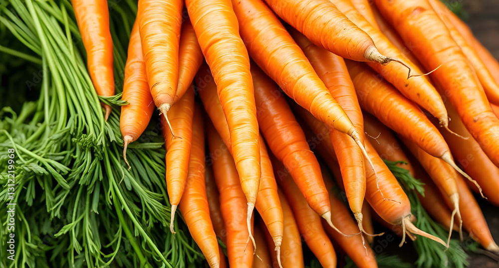 A bunch of freshly harvested carrots with vibrant orange color. Earthy and crunchy composition A bunch of freshly harvested carrots with vibrant orange color. Earthy and crunchy composition